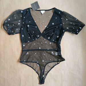 Le Lis Women's Bodysuit Black Sheer Mesh Star Print Size L Celestial Witchy